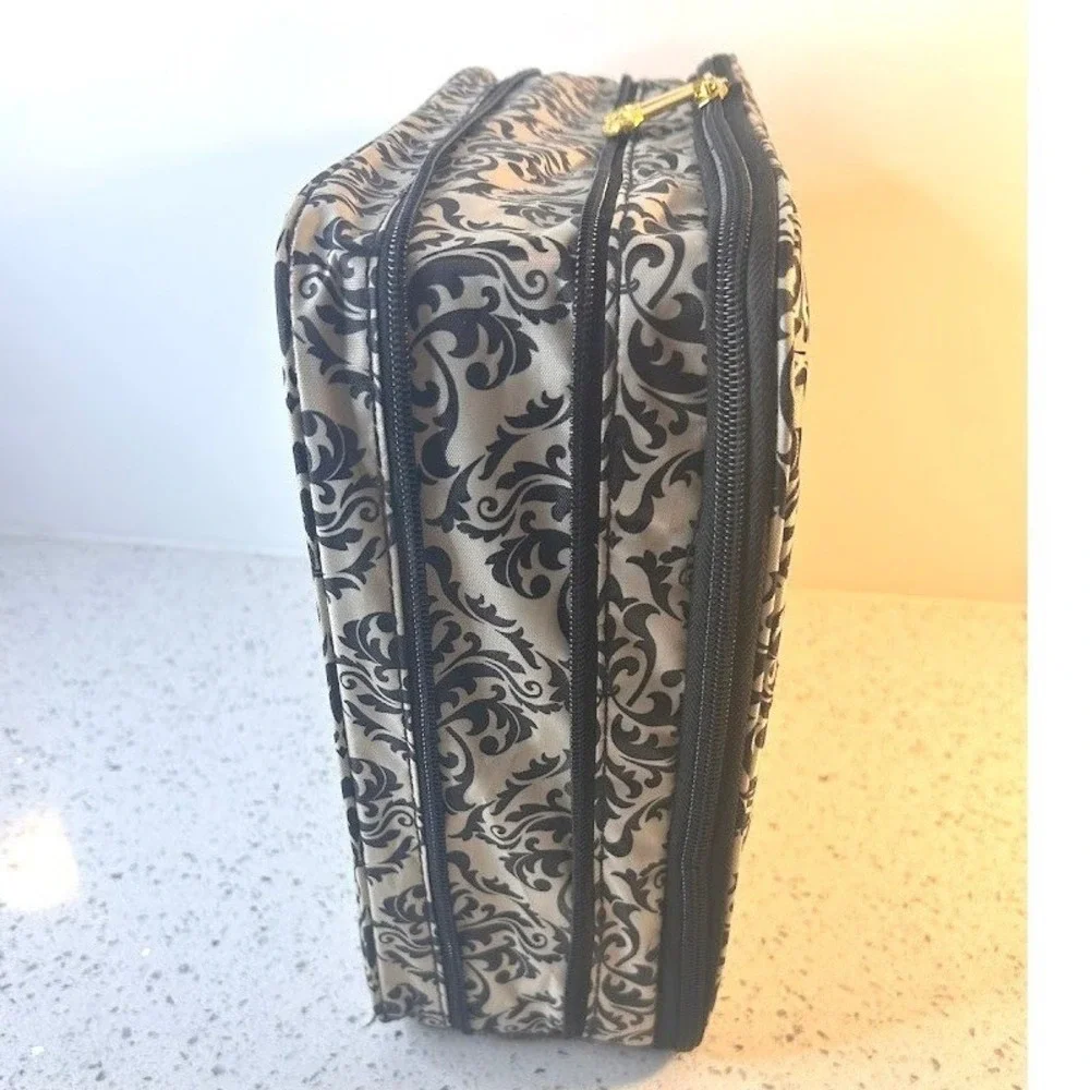 Joy Mangano Travel Jewelry Organizer Black White Damask Gold Hardware Case - Picture 2 of 10
